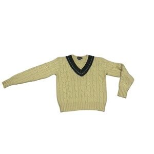 VTG Polo Ralph Lauren Yellow Cable Knit Sweater V Neck Old Money L Wool Cricket